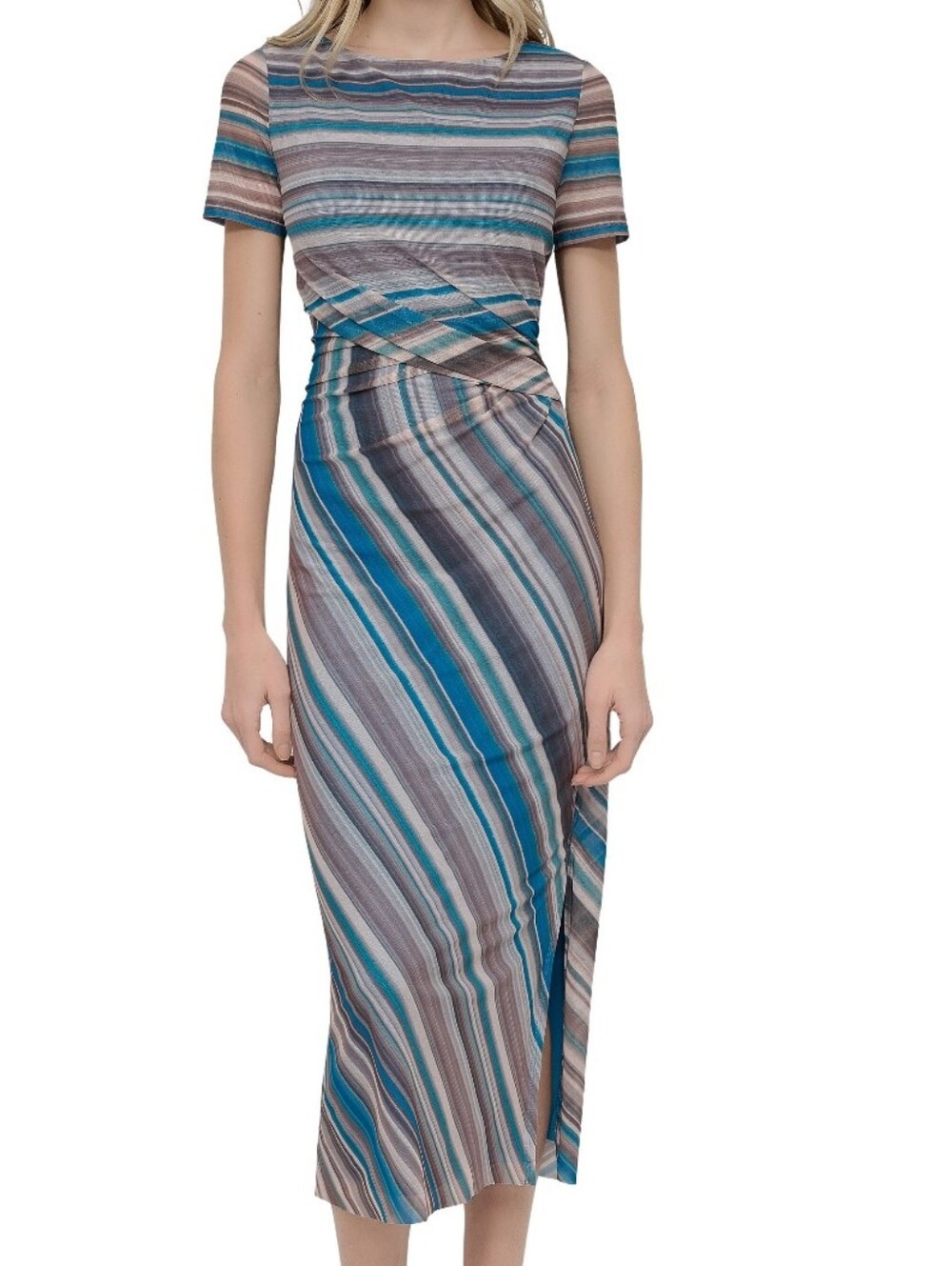 DKNY Blue & Gray Striped Midi Dress